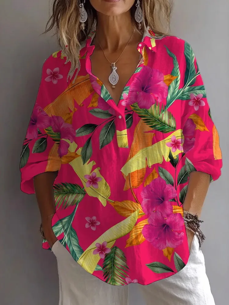 

Spring Autumn Print Casual Top Shirt New For Women Fashion Long Sleeve V Neck Button Elegant Loose Tops Shirts Womens Clothing