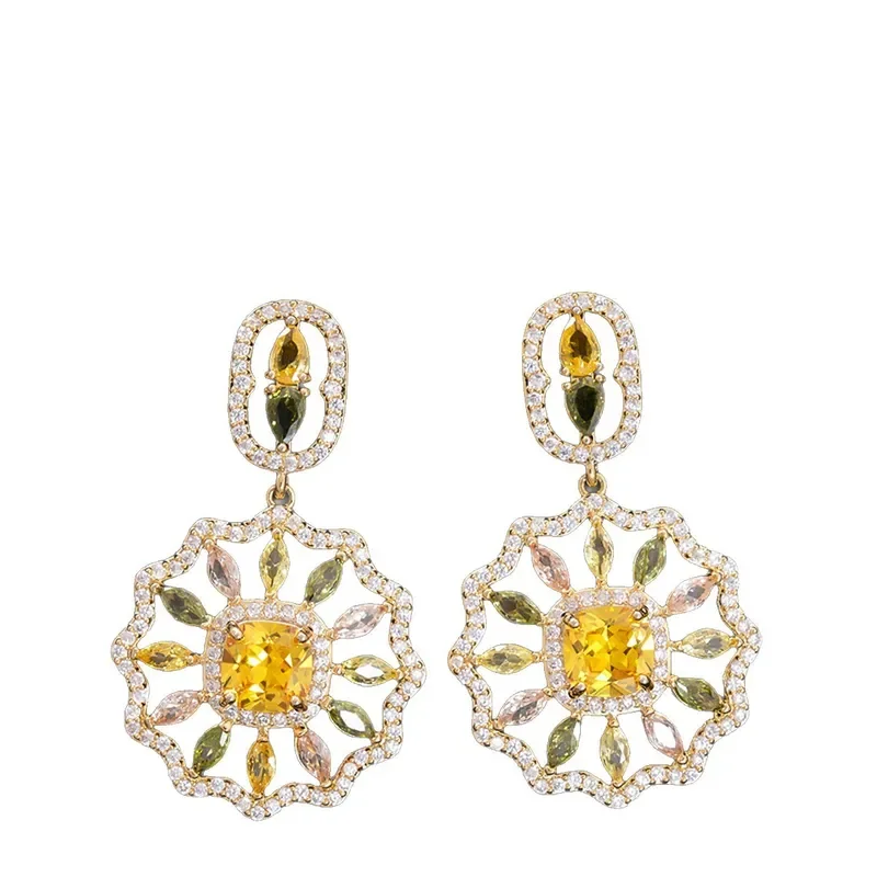 Van Gogh sunflower, colorful treasure flower pendant earrings light luxury high-end stud earrings full of diamonds retro
