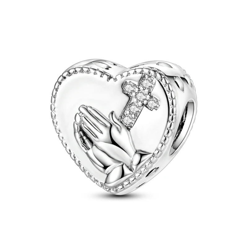925 Sterling Silver Charm Heart Shape Bead Cross Pray Fit Charm Bracelet Making For Woman Jewelry