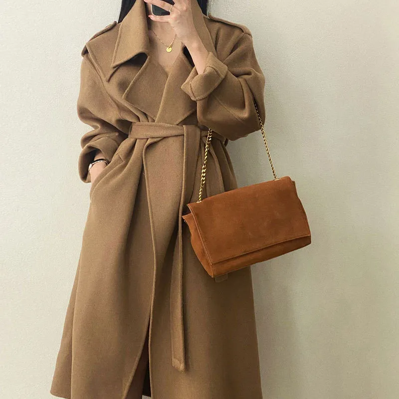 Winter Women Coat Cashmere Knitted Icon Autumn Warm Wool Classic Ladies Casual Outerwear Female Ddouble-facedersized Long Belted