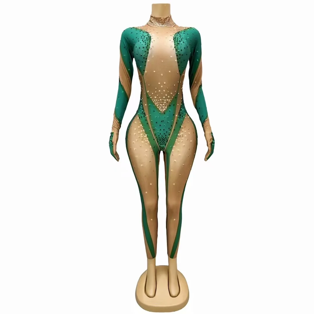 Women Fashion Green Jumpsuit Sexy Birthday Nightclub Singer Stage Pole Dancer Clothing leotard Stage Performance Costume