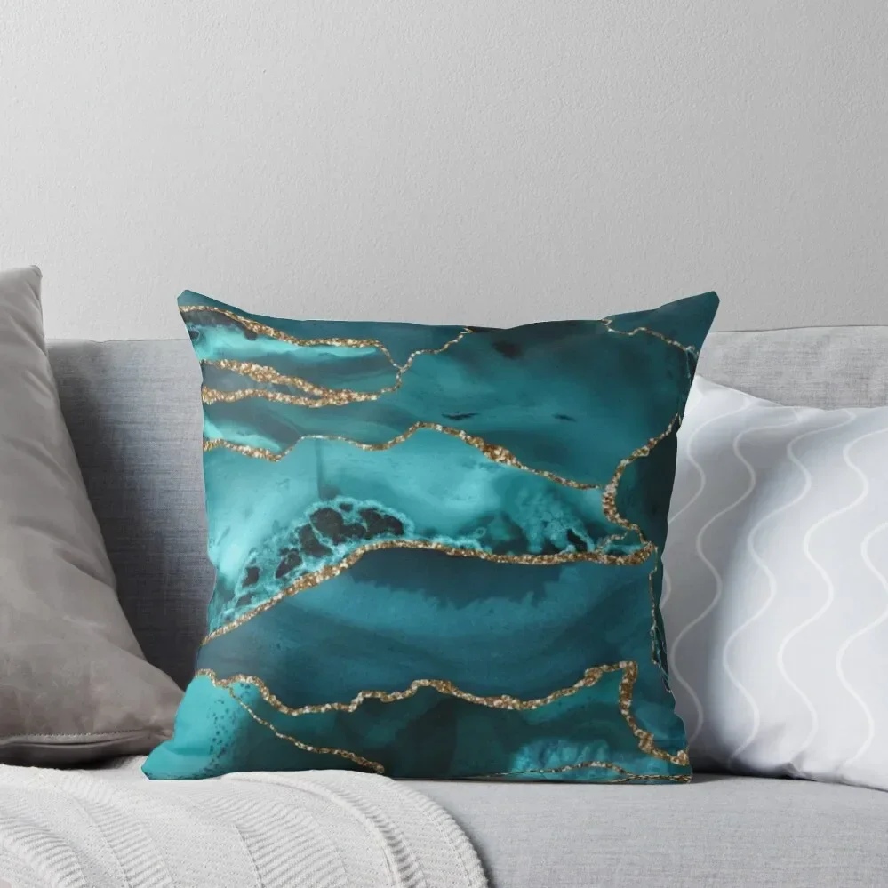 

Luxurious Turquoise Blue and Gold Shimmer Agate Throw Pillow bed pillows Pillow Case Pillow