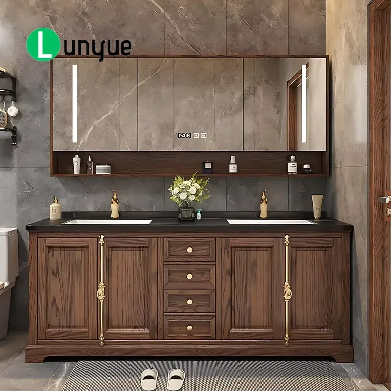 Modern Solid Wood MDF Bathroom Vanity Cabinet Lacquer Finish Ceramic Sink Floor Standing Storage Countertop for Home Decor