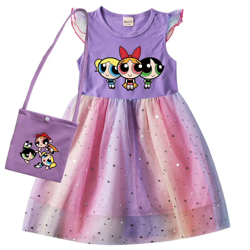 New Summer Kids Clothing P-Powerpuffing Girls Summer Dress Girl Flying Sleeve Dress with Bag Teenage Princess Costume