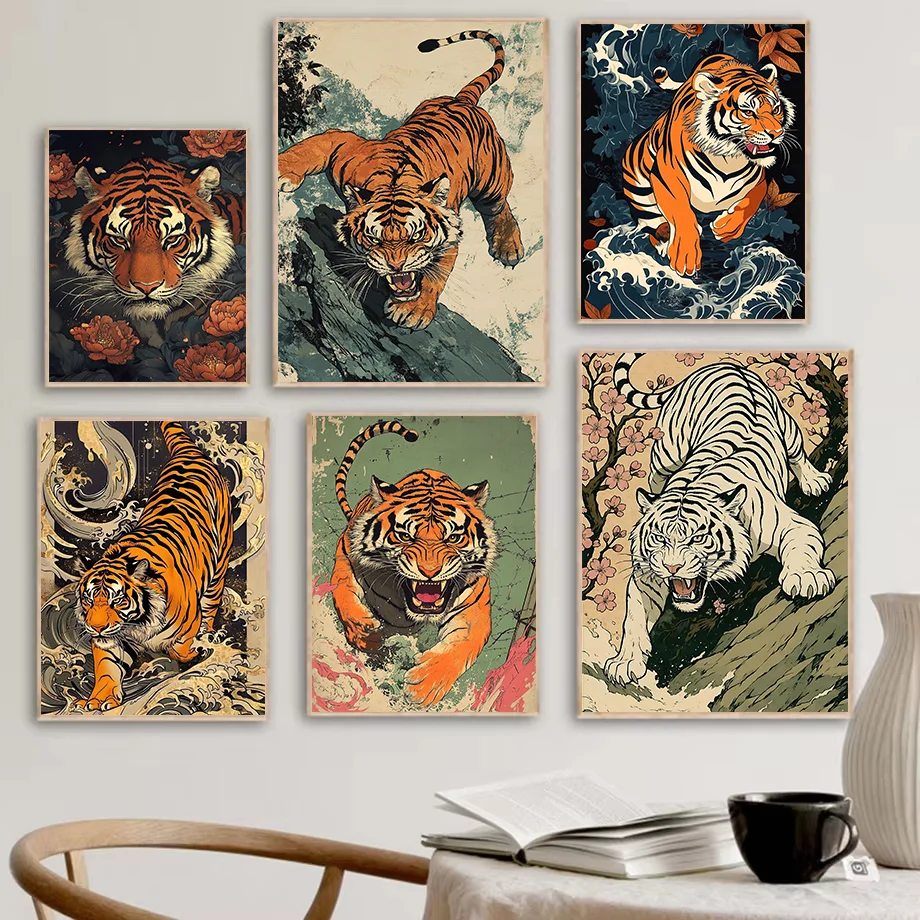 Vintage Ukiyo-e Tiger Canvas Art – Japanese Style Wall Decor Print for Living Room Bedroom Nordic Home Decoration Poster
