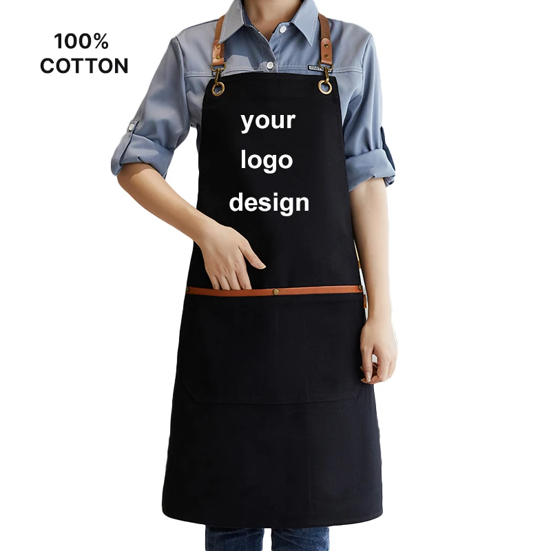 

100% Full Cotton Apron Men Women Kitchen Mandil Hotel Restaurant Cafe Work Server Aprons Custom Nail Salon Robe Waiter Uniforms