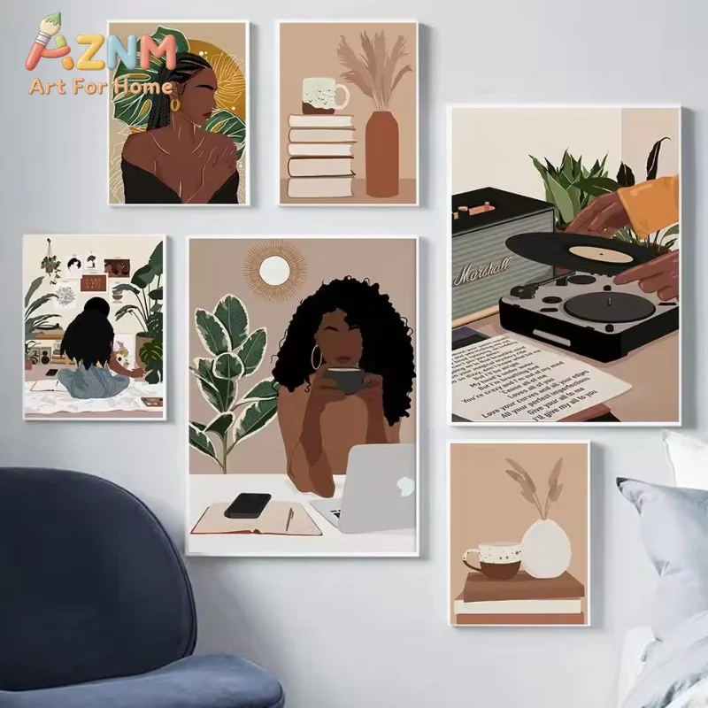 AZNM Black Woman Boho Canvas Wall Art, Abstract Afro Lady Reading Coffee Plant Print, Modern Living Room Gallery Home Decor, Unf