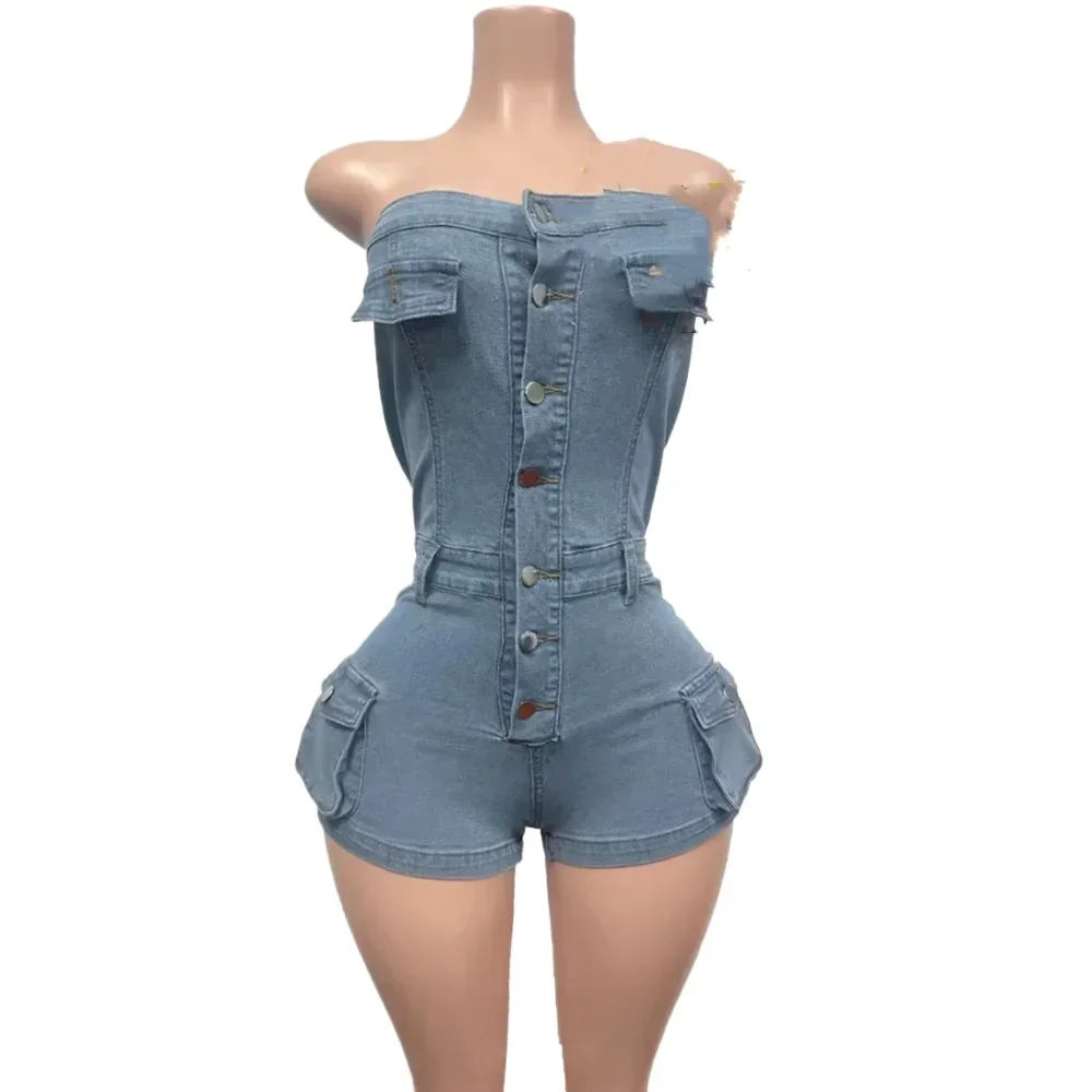 

Sexy Denim Off Shoulder Bodycon One Pieces Rompers Women Button Sleeveless Slim Cargo Jeans Jumpsuits Fashion Overalls