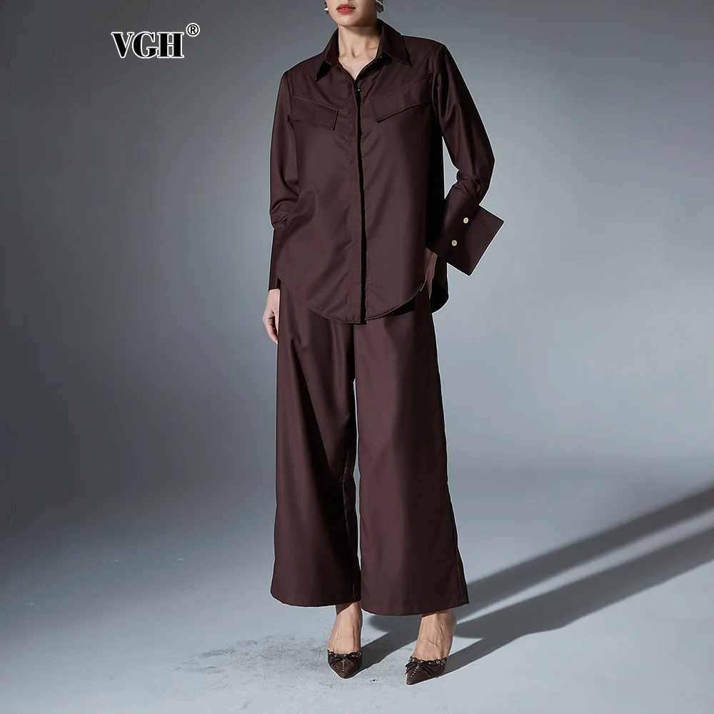 

VGH Minimalist Pants Sets For Women Lapel Long Sleeve Spliced Button Shirt High Waist Loose Wide Leg Pant Casual Set Female New