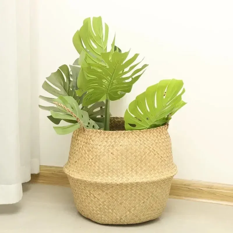 Seagrass Laundry Flower Pot Basket Folding Handmade Straw Flowerpot Planter Wicker Clothes Toy Storage Holder Organizer Basket