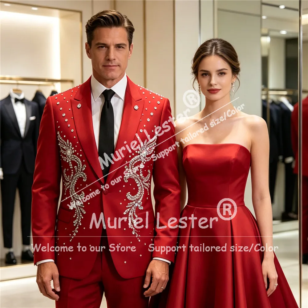 

Customized Rhinestone Beading Suit Men For Wedding Slim Fit Single Breasted Jacket Pants 2 Piece Sets Goom Tuxedo Man Outfits