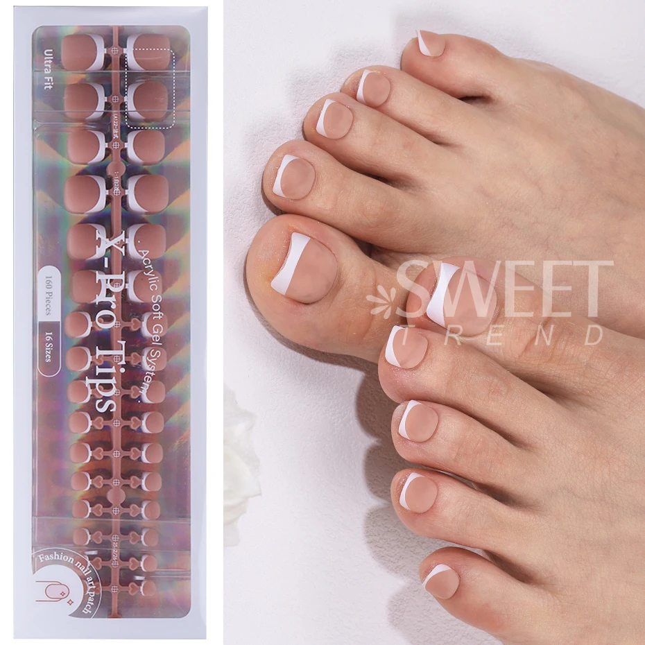 160pcs French Short Square Artificial Press On Toenails Pink Full Cover Acrylic Fake Toe Nail Tips Nail Supplies Tools For Women