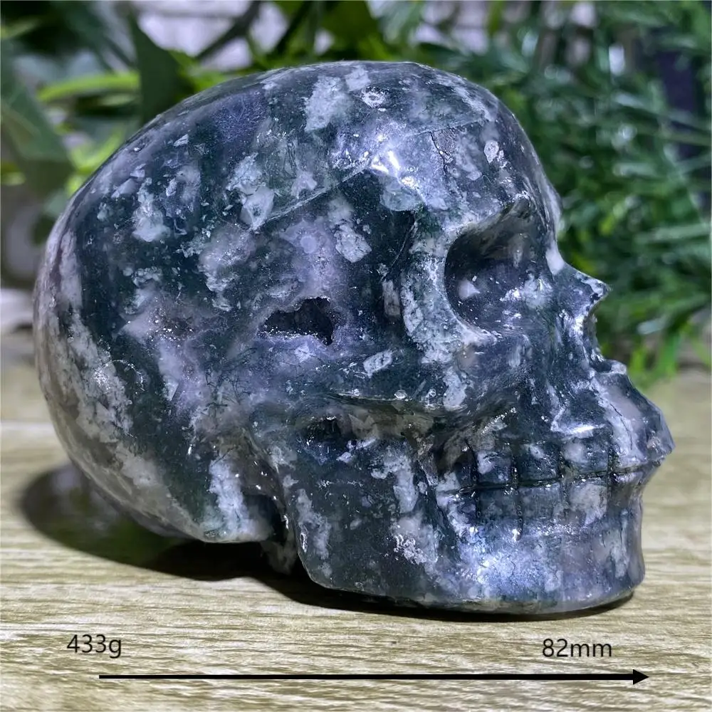 Crystal Natural Moss Agate Skull Carving Figurine Beauty Minerals Spiritual Feng Shui Reiki Living Ornaments Home