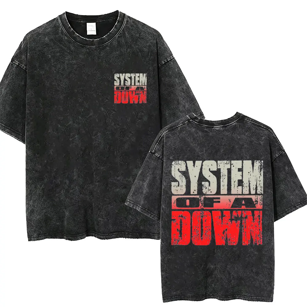System of A Down Vintage Washed T-shirt Cotton Quality Short Sleeve Tees Male Rock Music Band Cartoon