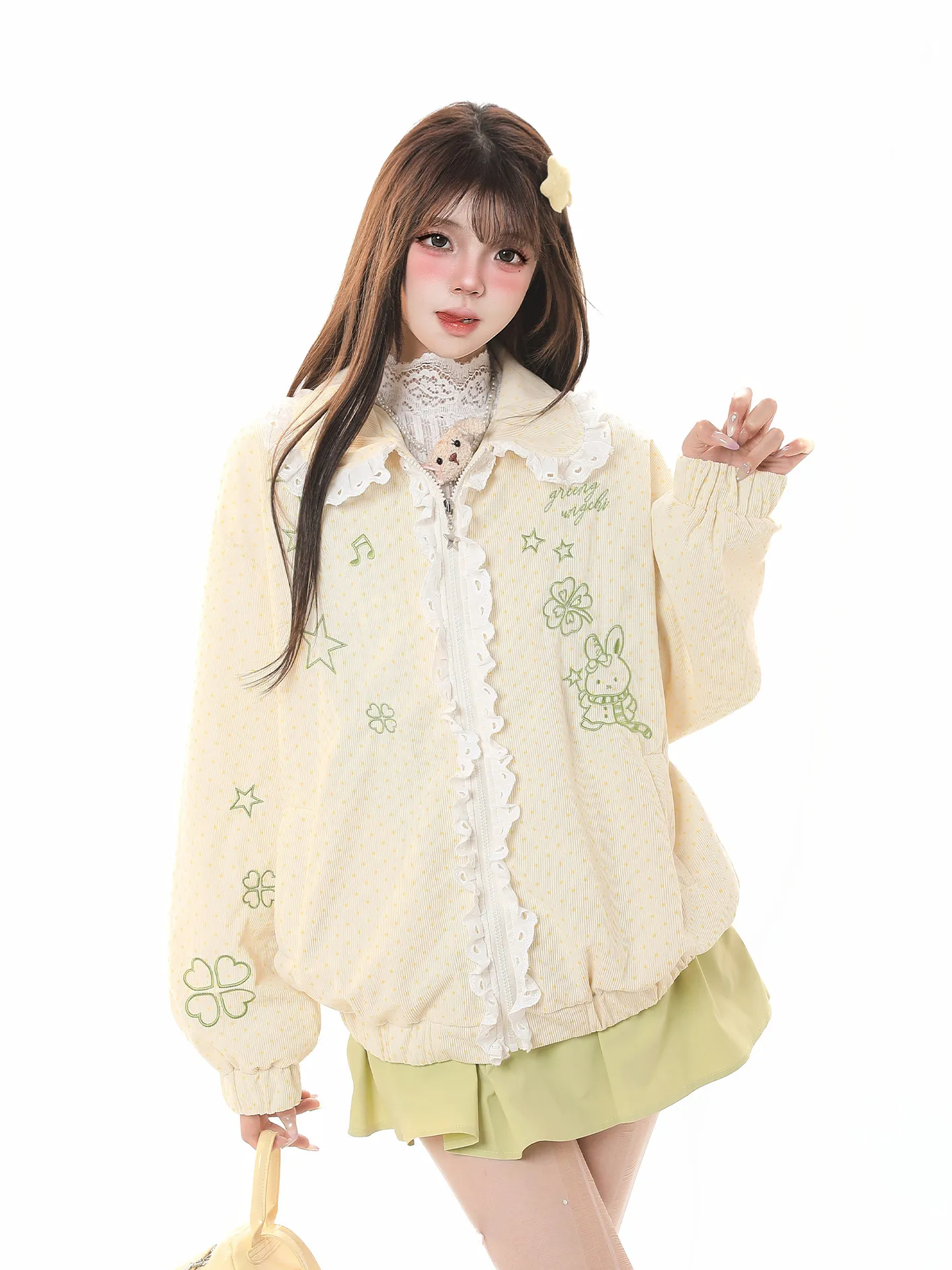 

Милая мультяшная куртка с кружевными вставками и отложным воротником, женская свободная весенняя модная повседневная верхняя одежда с длинными рукавами, стройнящая фигуру