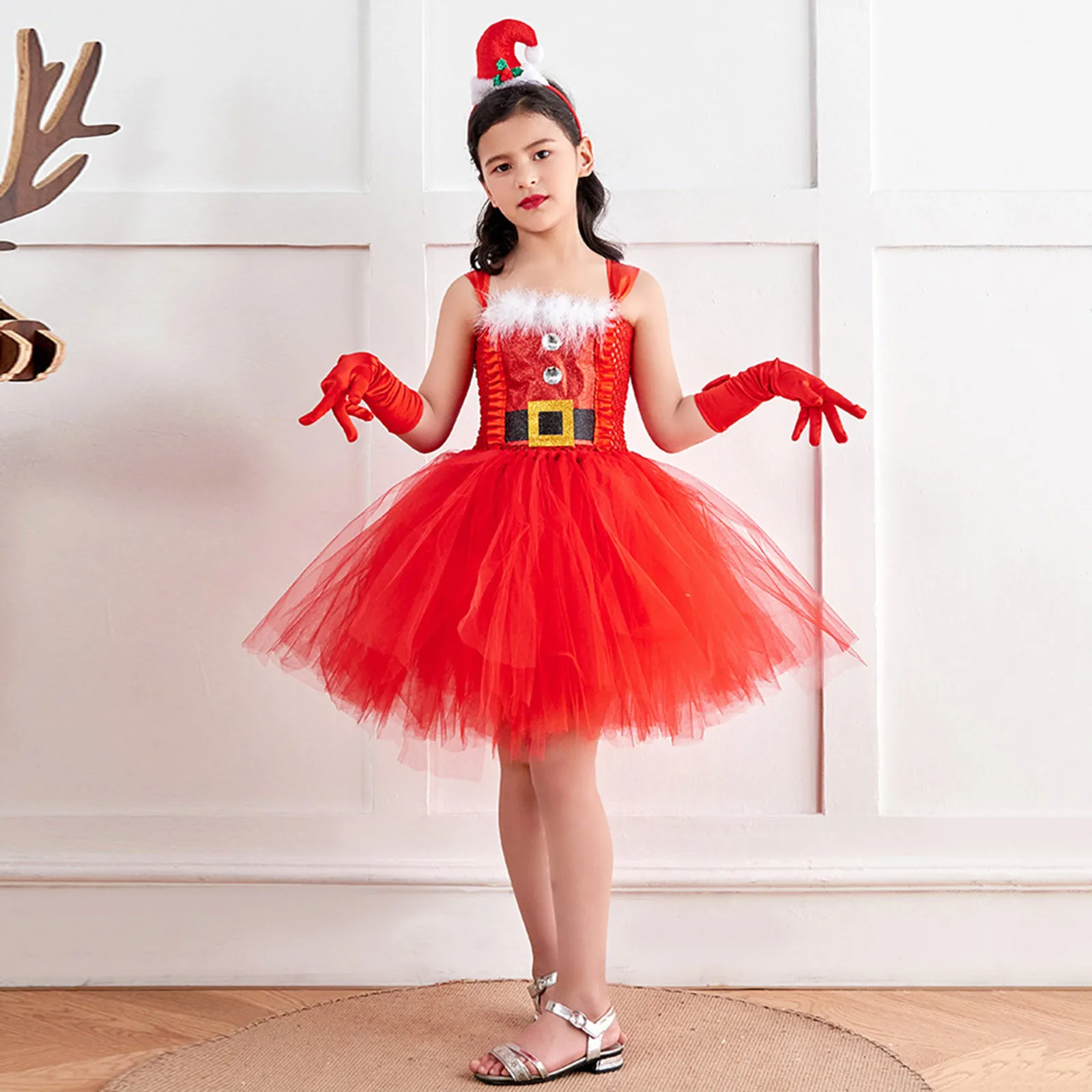 Sparkly Christmas Elf Tutu Dress for Girls Santa Claus Costumes for Kids Birthday Halloween Outfit Children Xmas Holiday Clothes