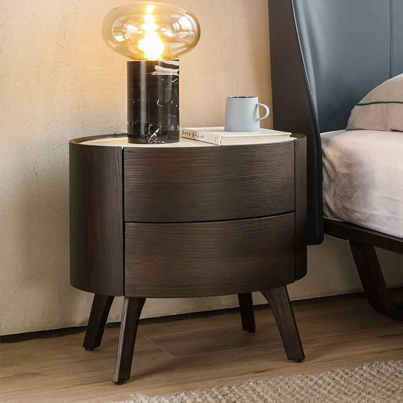 Italian Minimalist Bedroom Oak Bedside Table Bedside Storage Locker Smoked Modern Simple Side Cabinet Furniture Customization