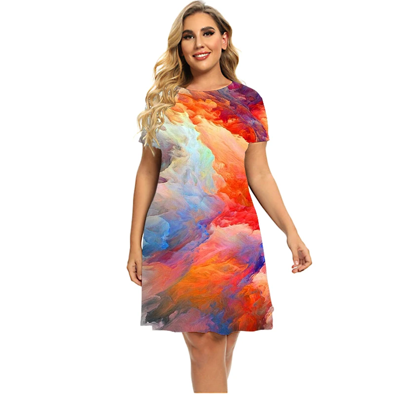 Women Rainbow Speckle Ink Dress Summer Short Sleeve Tie Dye Gradient Loose Dress Oversized O-Neck Ladies Plus Size Dress 5XL 6XL