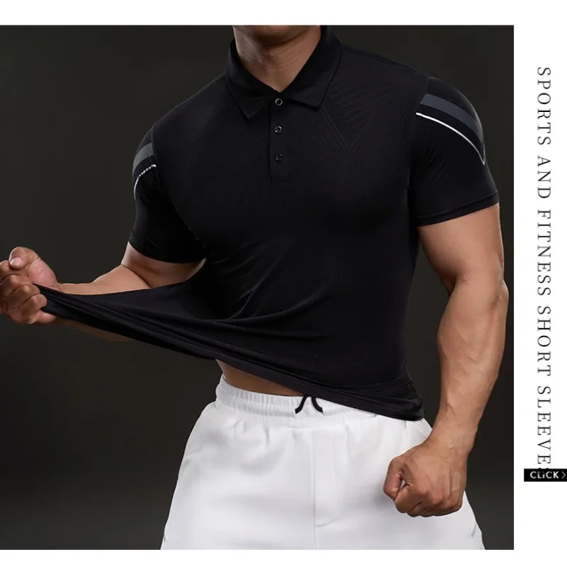 Summer Polo Collar Gym T-shirt Men Sports Slim Stretchable Fitness Trainning T Shirts Male Quick Dry Casual Short Sleeve Top Man