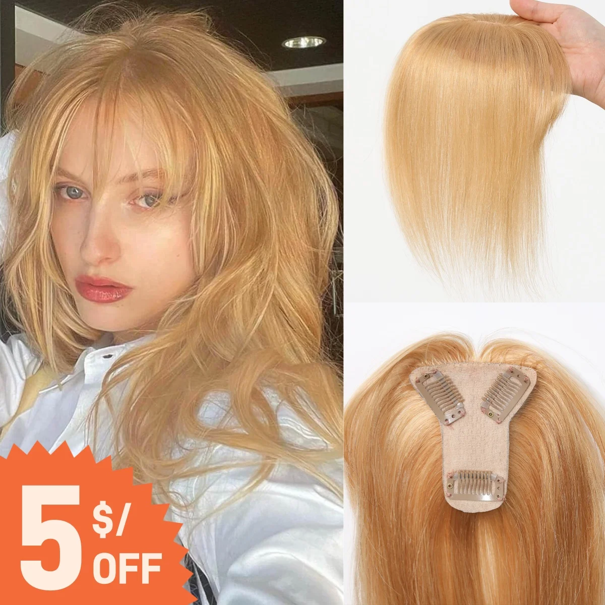 Toppers per capelli umani dorati chiari Clip per capelli umani Remy al 100% nelle estensioni dei capelli con frangia per le donne Uso quotidiano con capelli sottili da 10 pollici