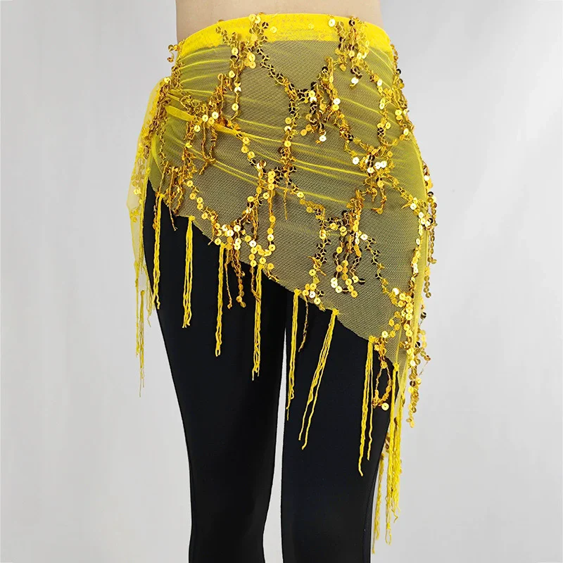 Bauchtanz-Hüfttuch mit Goldpailletten und Quasten, Dreieckiger Rock, Wickelgürtel für Festival, Rave-Party, Nachtclub-Auftritte, Kostüm für Frauen – Detail 8
