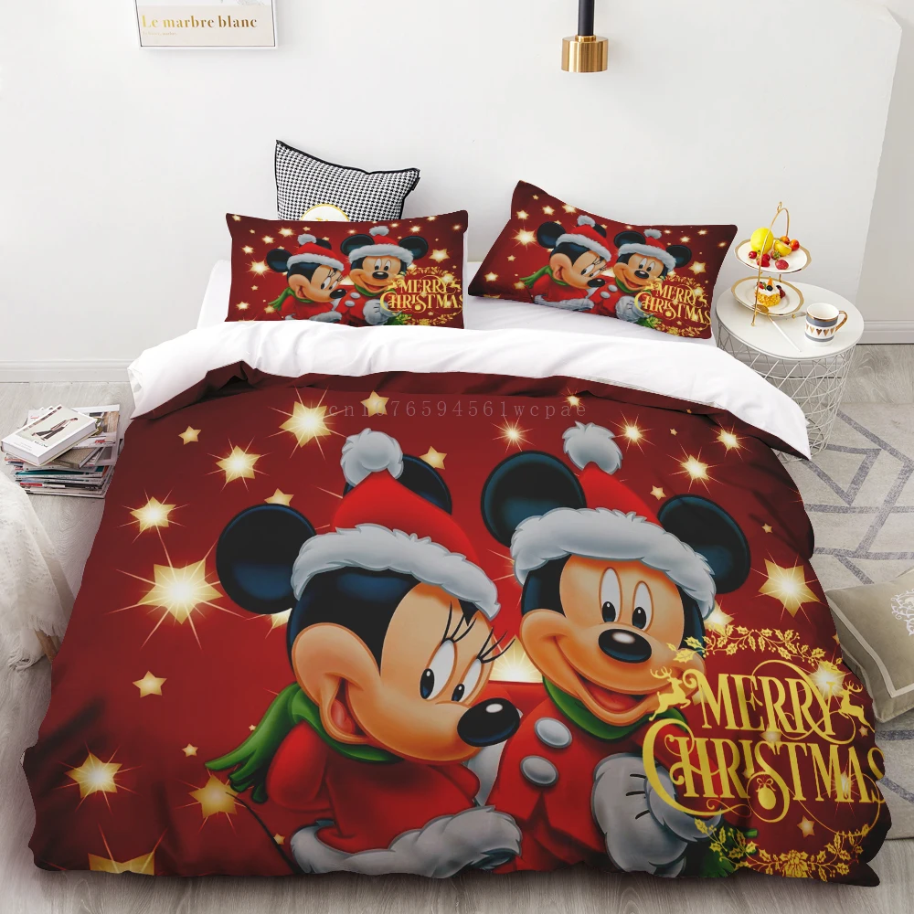 Christmas Mickey Minnie Duvet Cover Merry Christmas Kids Bedding Set Queen King Full Size for Holiday Bedroom Teens Women Gifts