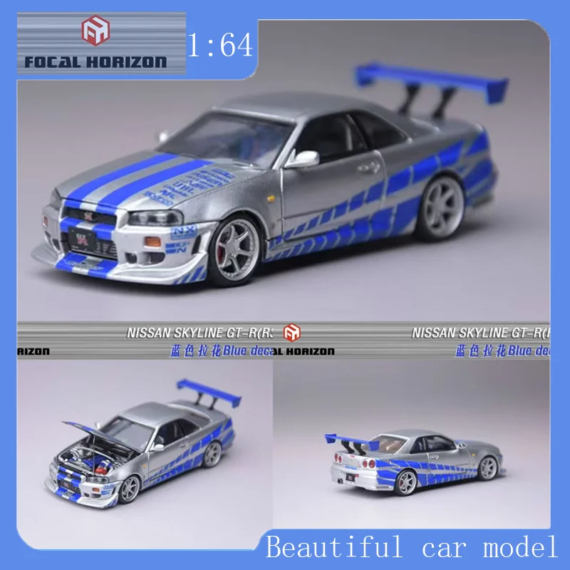 

FH 1:64 Nissan GT-R R34 C-West Fast and Furious Modified Silver Blue Alloy Automotive Model