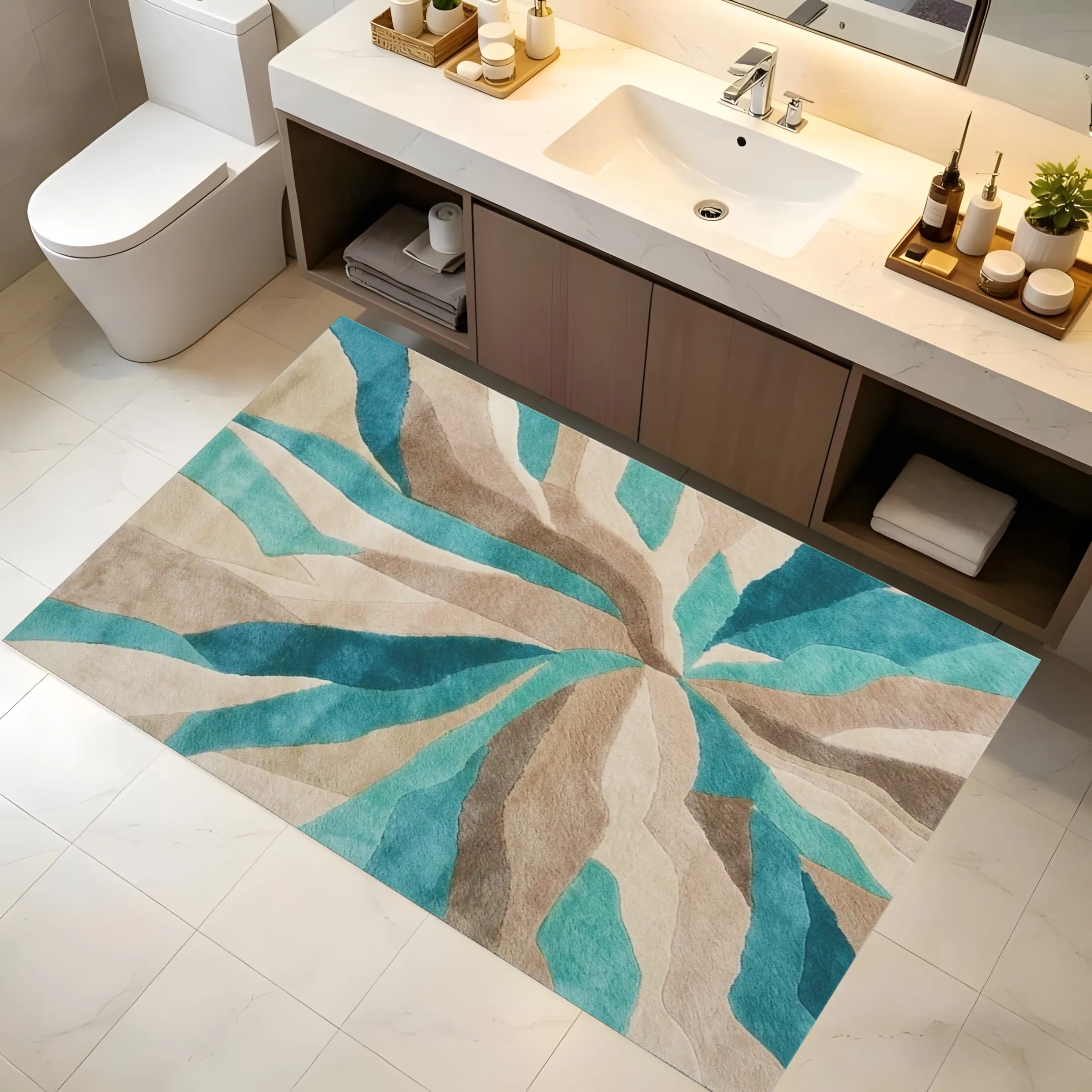 Large Area Rug Blue Brown Radiating Leaf Print Light Luxury Art Style Soft Velvet Living Room Bedroom Home Decor Area Rug