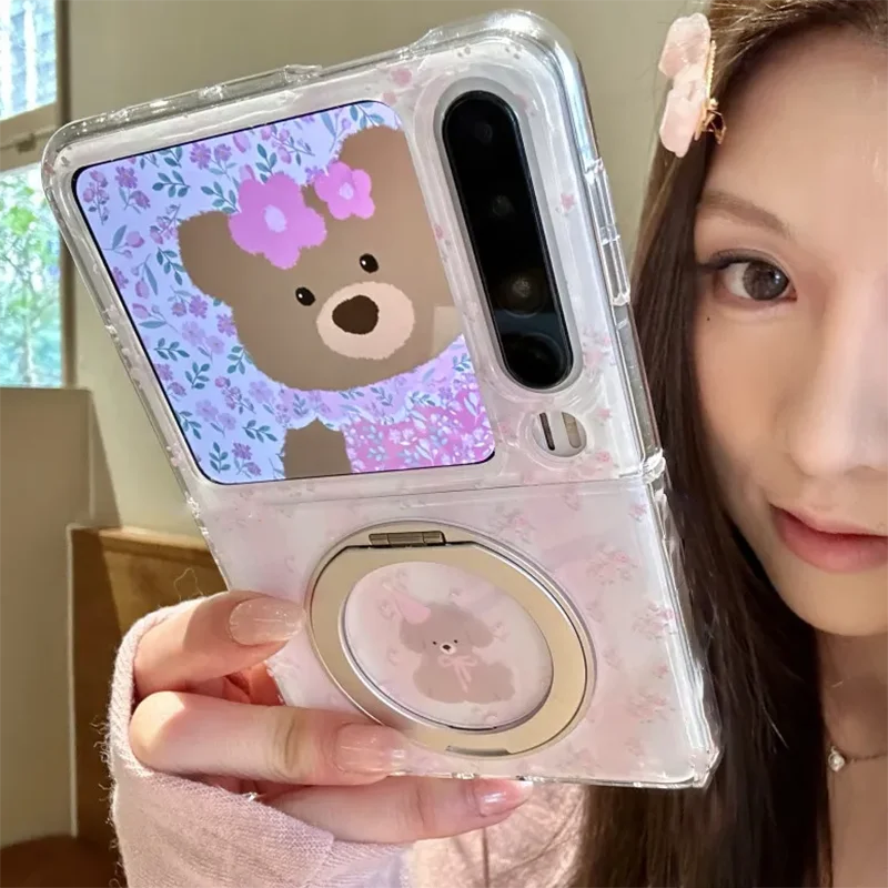 

Cute Pink Floral Puppy Stand Phone Case For Huawei Pura X Samsung Z Flip7 6 5 Xiaomi Mix Flip Hard Flip Cover With Ring Holder