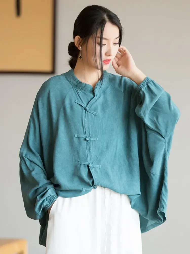 Johnature Women Chinese Style Shirts And Tops Stand Solid Color Button Blouses Long Sleeve Women Clothes 2024 Spring New Shirts