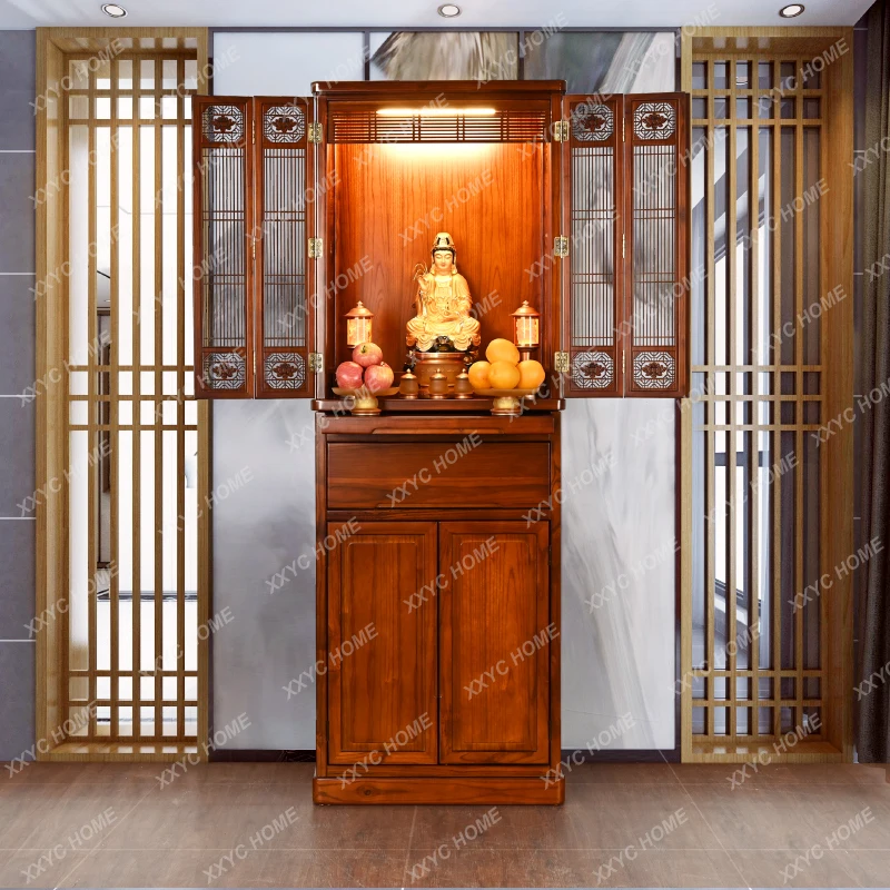 Buddha Shrine Home New Chinese Style Solid Wood with Door Buddha Shrine Buddha Cabinet God of Wealth Altar God Building Cabinet