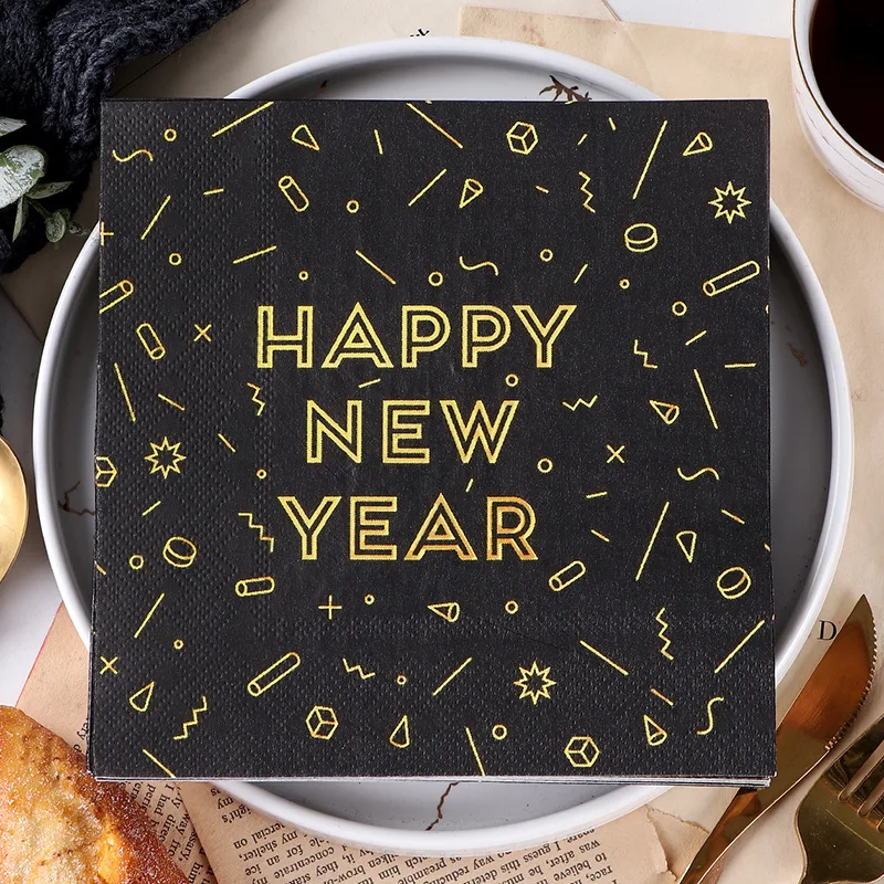 20Pcs/bag Black Happy New Year Theme Paper Napkins Disposable Tissues Towel for 2025 New Year Party Decoration