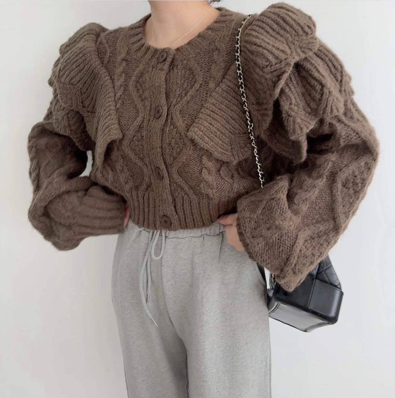 

Осень-зима, новый элегантный однотонный вязаный свитер, женский кардиган с круглым вырезом и длинными рукавами, повседневные универсальные короткие топы