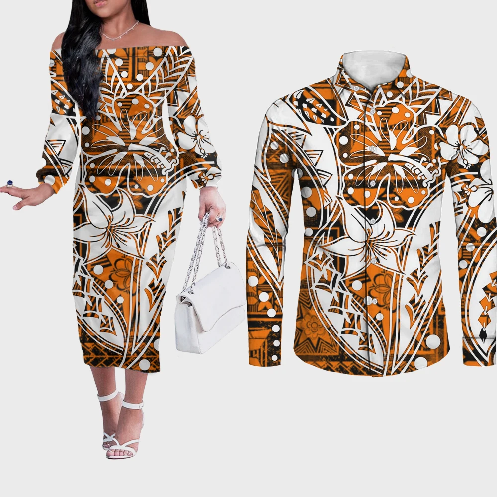 

Noisydesigns Sexy Women Off Shoulder Dress Party Vintage Long Sleeve Polynesian Tribal Samoan Floral Casual Elegant Men Shirt