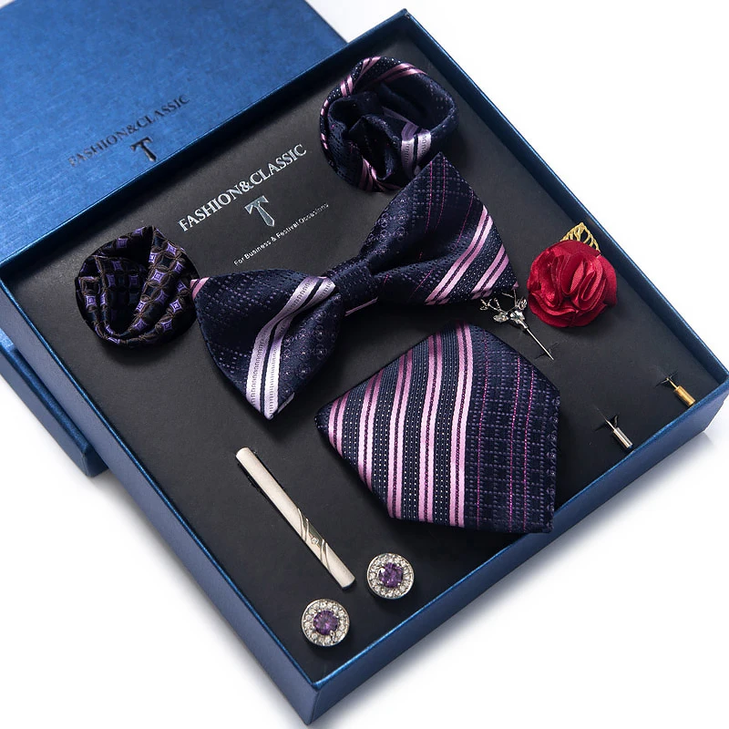 Holiday Present Tie Handkerchief Pocket Squares Cufflink Set Necktie Box Striped Purple Blue Birthday Gift