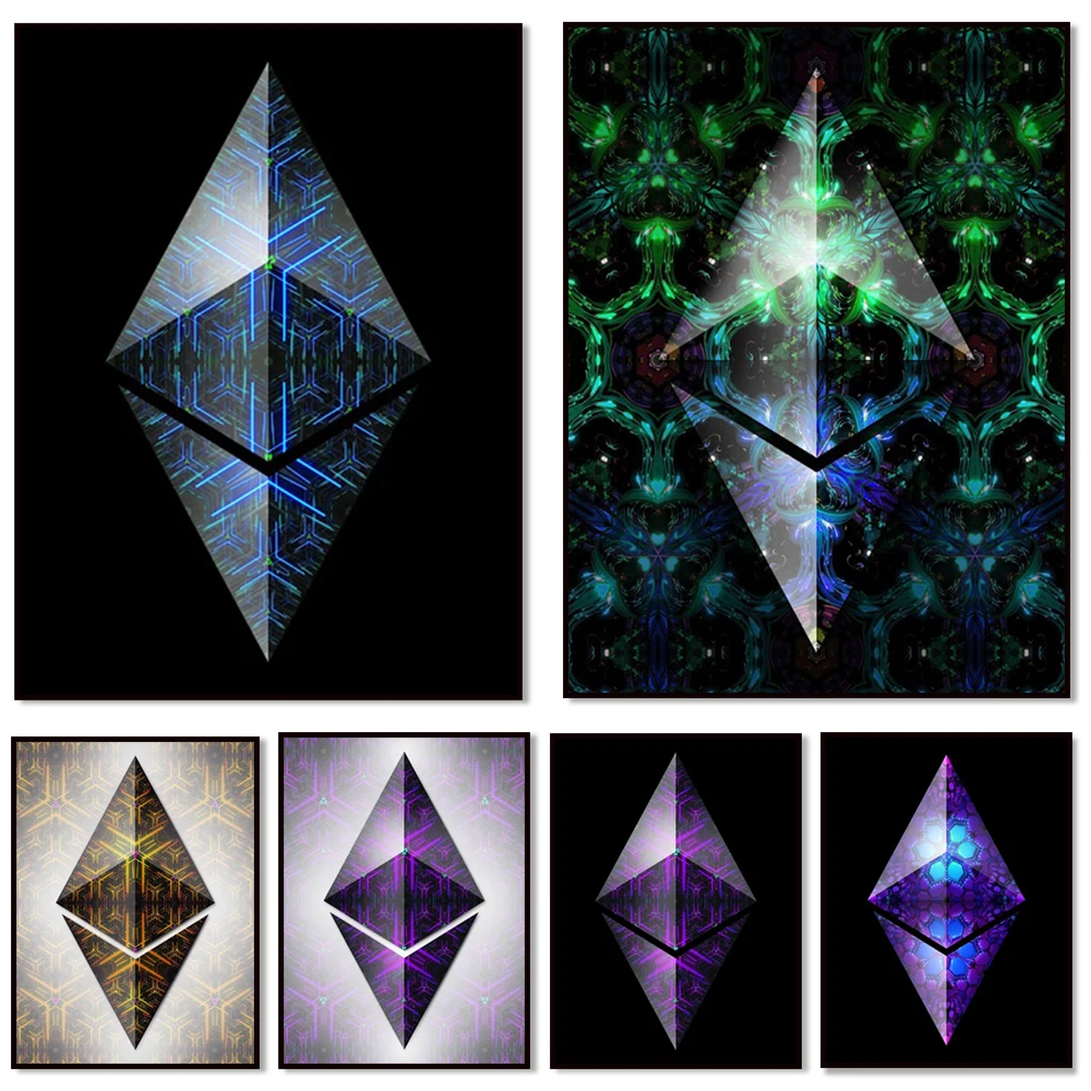 Ethereum Bitcoin Crypto Colored Gems Canvas Poster Modern Home Decor Print Picture, Unique Gift