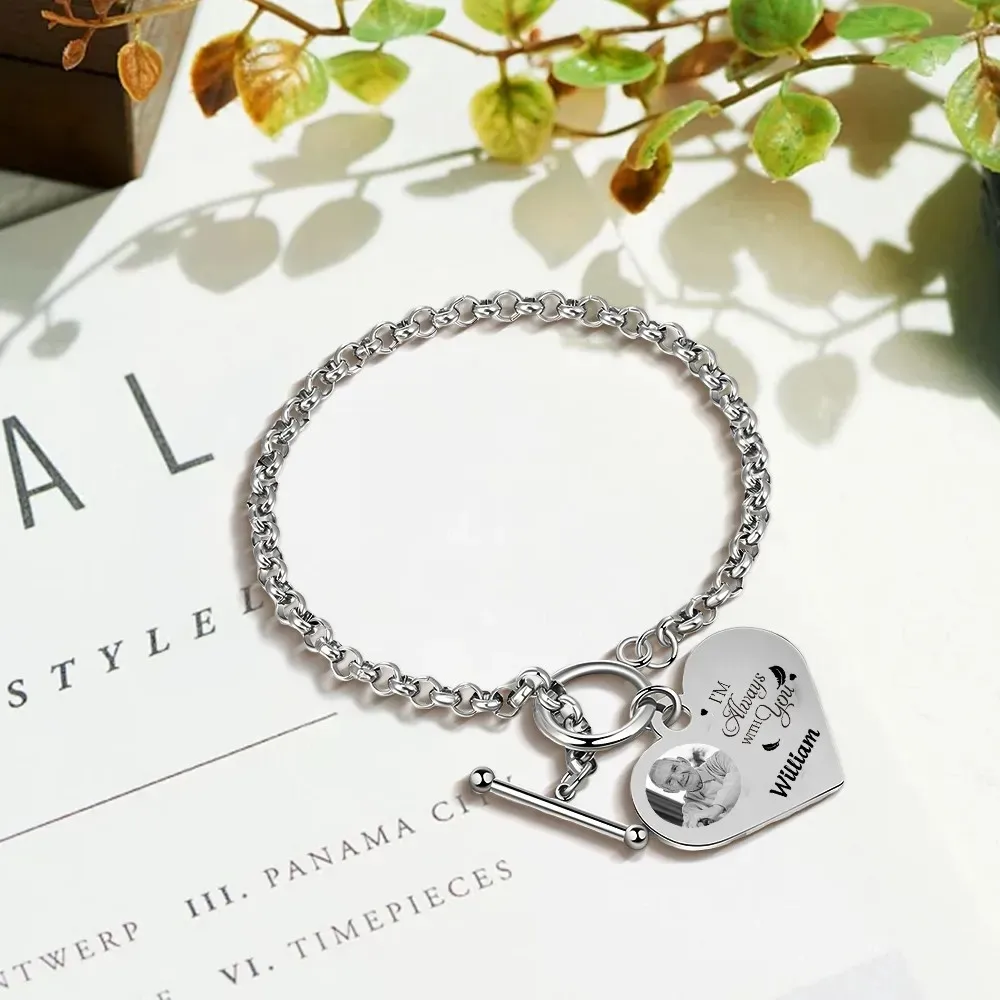 Custom Photo Heart Bracelet Engraved Name Stainless Steel 18K Gold Plated Laser Etched Memorial Couple Jewelry Gift for Her