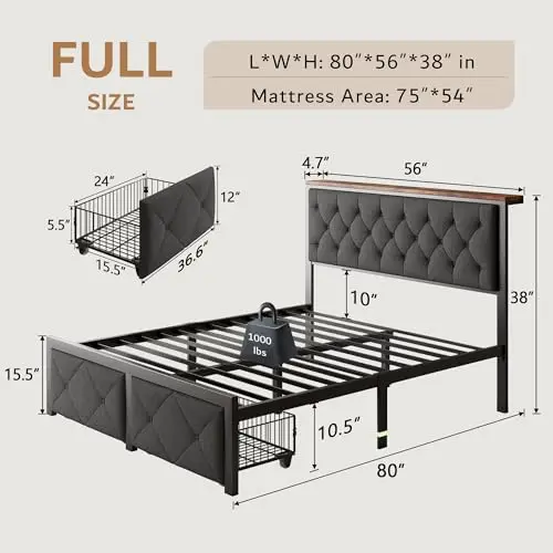 Full Bed Frame with 2 Storage Drawers, Linen Upholstered Headboard Platform Bed with Charging Station, No Box Spring Needed