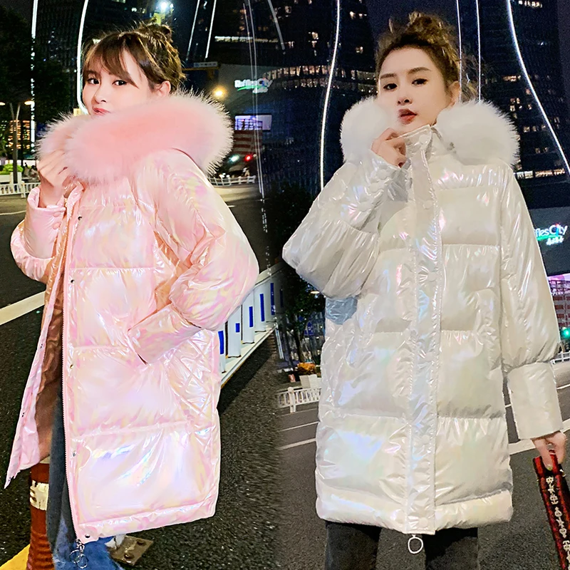 Winter Warm Glossy Hooded Parka Jacket Korean Pink ParcaCasual Faux Rabbit Fur Collar Thick Snow Wear