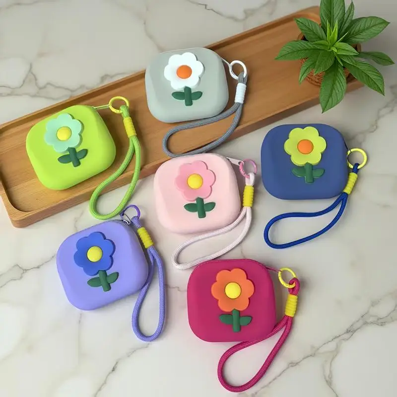 Square Silicone Floral Coin Purse with Waterproof Layer and Handy Lanyard