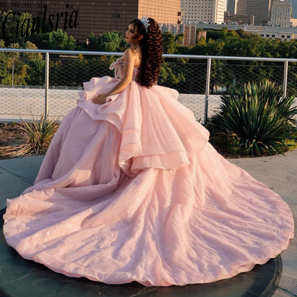 vestidos de xv años Pink  Quinceanera Dresses Beading 3D Flowers Mexican Sixteen Princess Prom Gowns