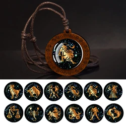 12 Zodiac Signs Rope Chain Necklace Aries Taurus Gemini Cancer Leo Virgo Libra Scorpio Constellation Necklace Wooden Pendant
