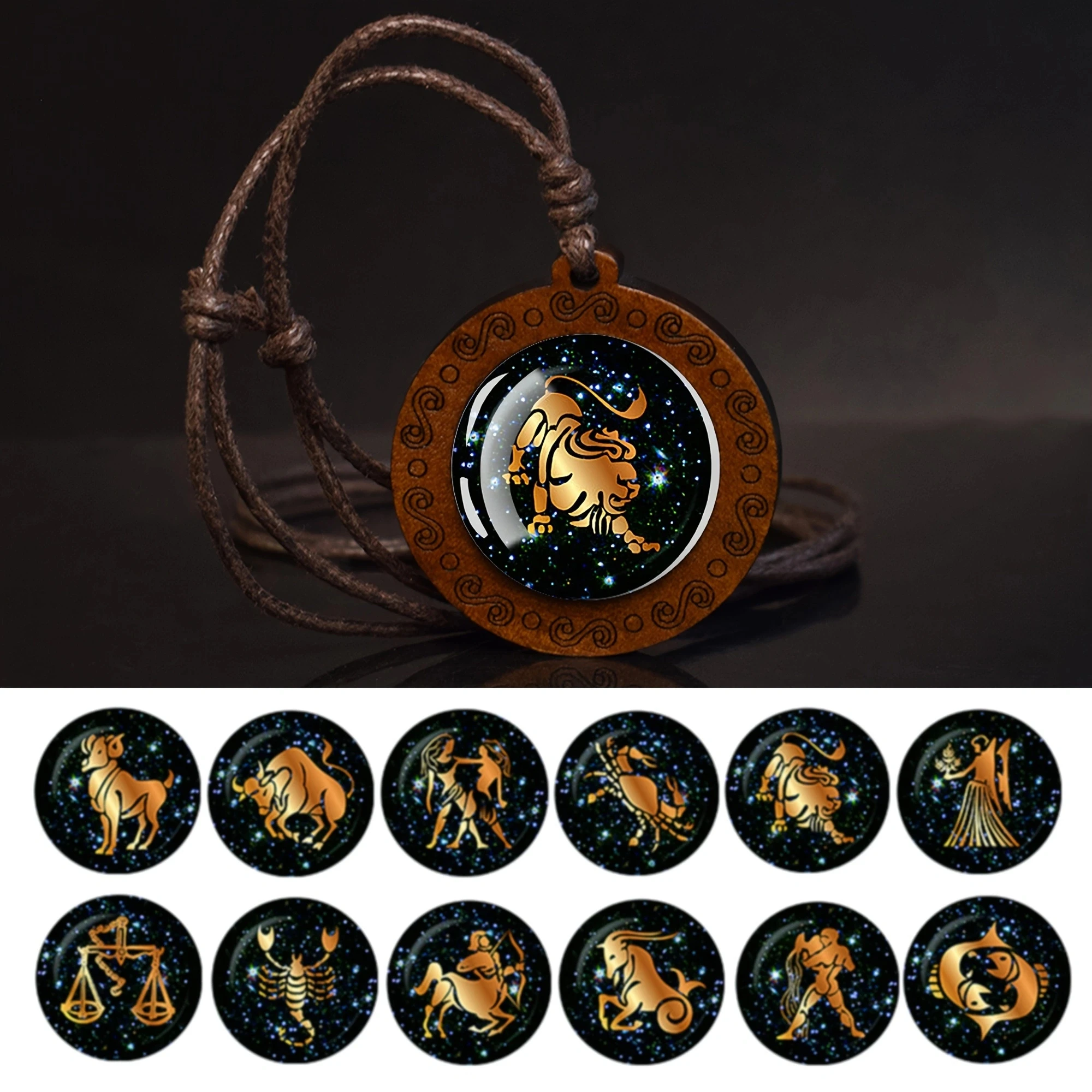 12 Zodiac Signs Rope Chain Necklace Aries Taurus Gemini Cancer Leo Virgo Libra Scorpio Constellation Necklace Wooden Pendant