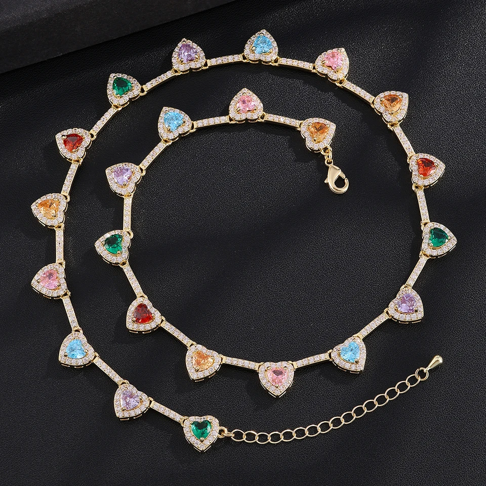 Women Heart Shape Colorful Cubic Zirconia Tennis Necklace Full Paved Halo CZ Choker Gold Silver Tone Wedding Party Jewelry Gift