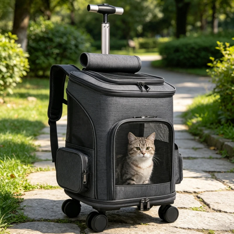 Large Capacity Pet Rolling Backpack, Foldable Cat Carrier Suitcase with Wheels for Travel, Scratch Resistant Breathable Durable