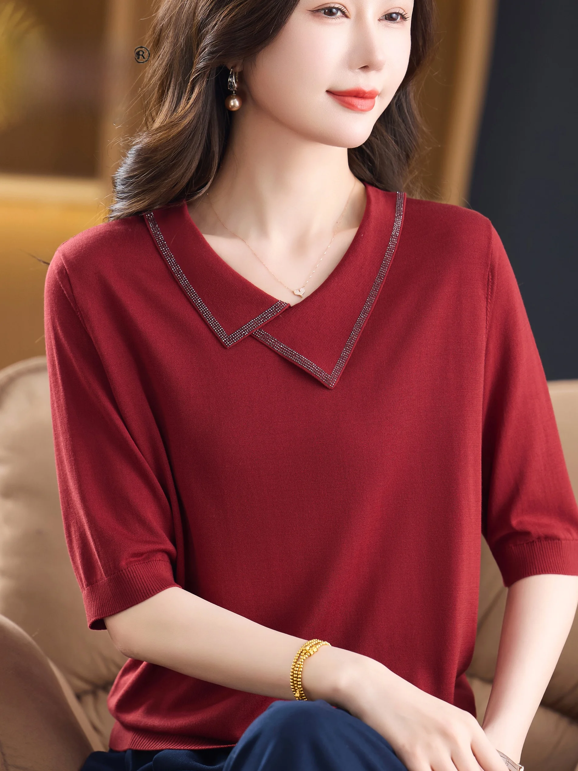 

Весенне-летняя модная трикотажная футболка из ледяного шелка с коротким рукавом, тонкая, удобная, для мам, женская, повседневная, свободного кроя