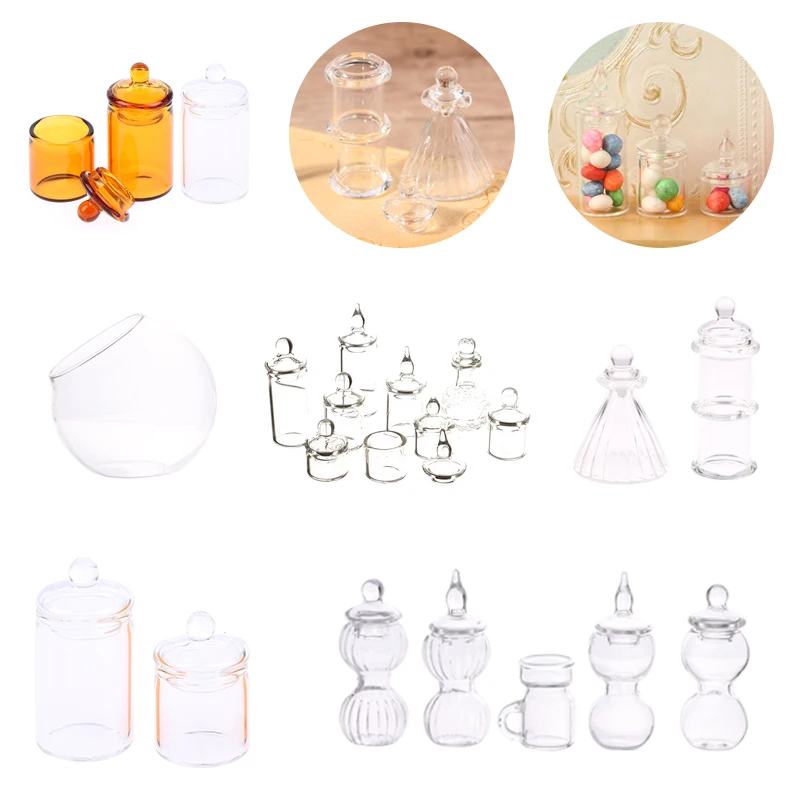 1:12 Dollhouse Miniature Furniture Accessories Transparent Glass Jar Christmas Candy Storage Bottle with Cover Doll House Decor