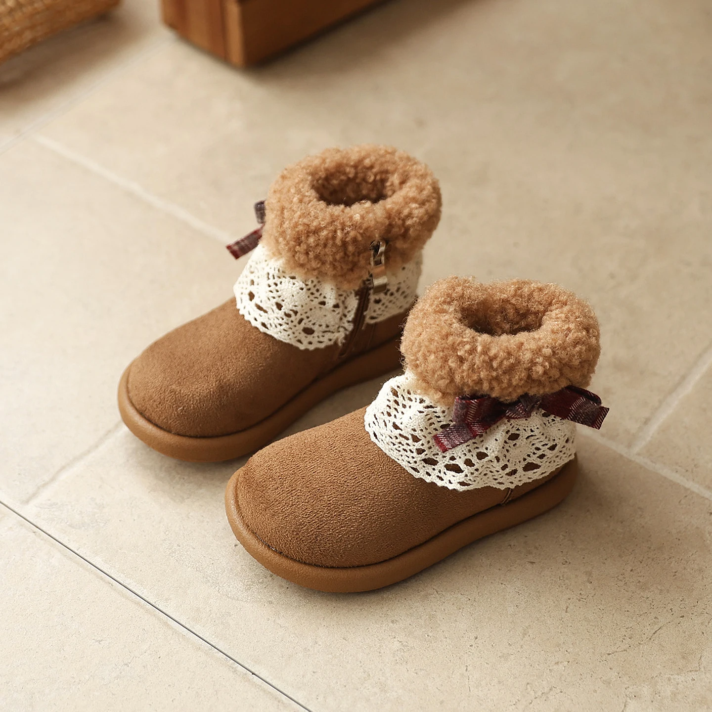 Toddler Girls Sweet Lace Bow Winter Boots, Fuzzy Fur Collar Fleece Lined Side Zipper Warm Ankle Boots