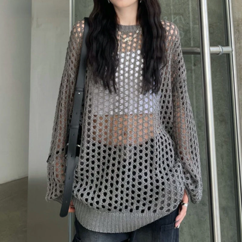 

Hollow Out Pullovers Women Summer Long Style Baggy Clothing Knitting Casual Holiday Female Aesthetic Tender Minority Drape Ins