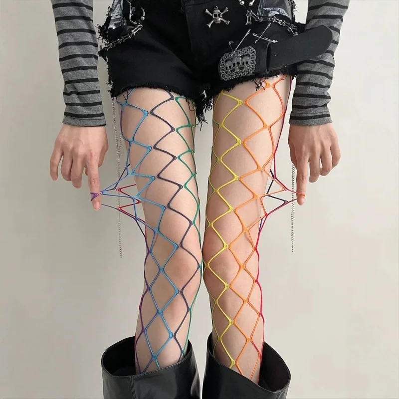 Sexy Knitted Rainbow Mesh Tights For Women Spring Summer Hollow Splicing Grid Fishnet Pantyhose Street Hot Girl Inner Legwear
